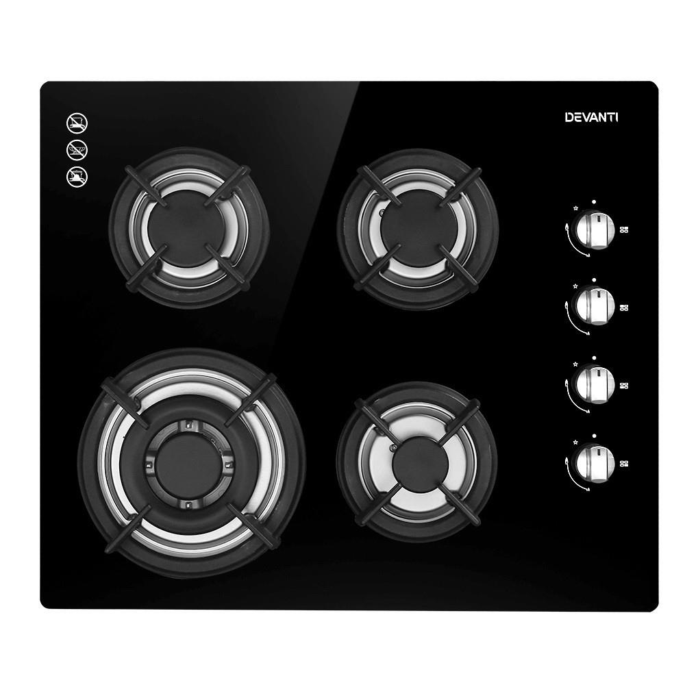 Devanti Gas Cooktop 60cm 4 Burner Glass Cook Top Cooker Stove Hob Ng