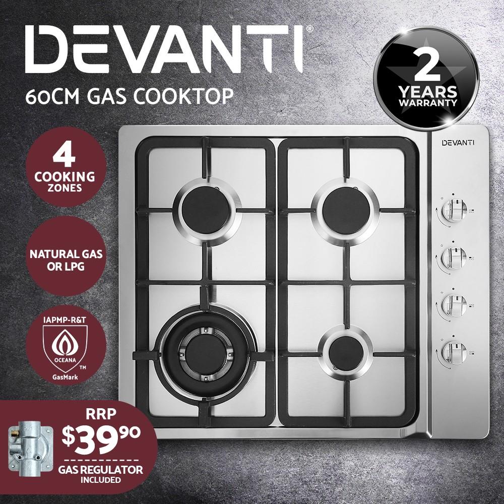 Devanti Gas Cooktop 60cm Kitchen Stove 4 Burner Cook Top Ng Lpg