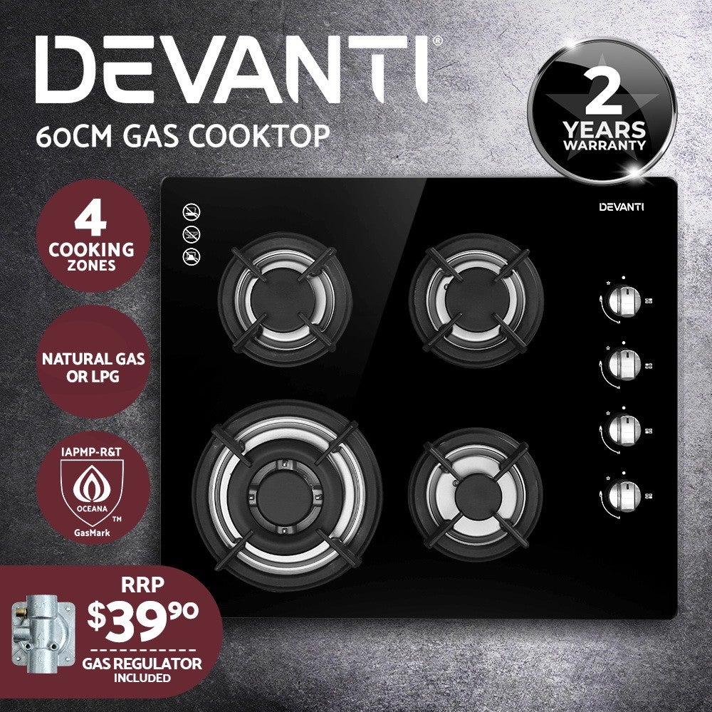 Devanti Gas Cooktop 60cm 4 Burner Glass Cook Top Cooker Stove Hob Ng