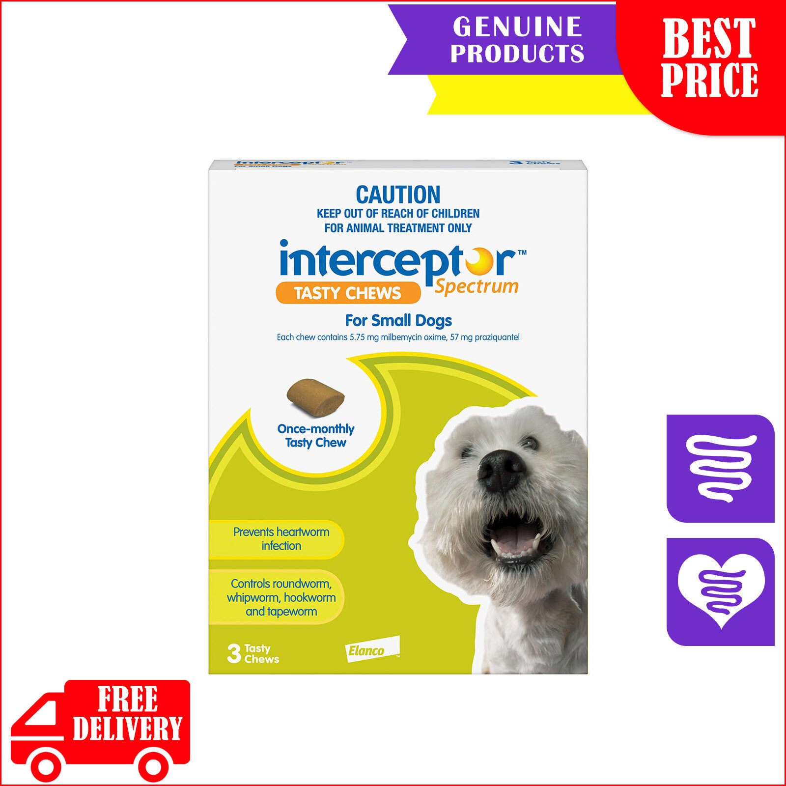 Interceptor Spectrum Heartworm Worm Treatment 3 Chews For Dogs All