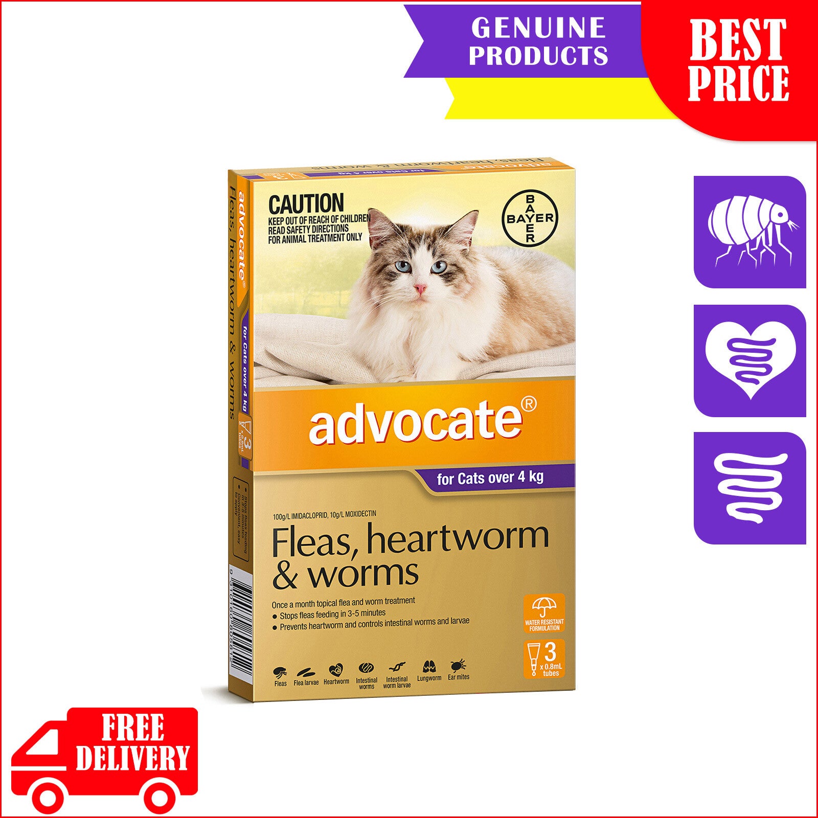 Advocate For All Sizes Cats 3 Pipettes Heartworm Worm Flea Treatment