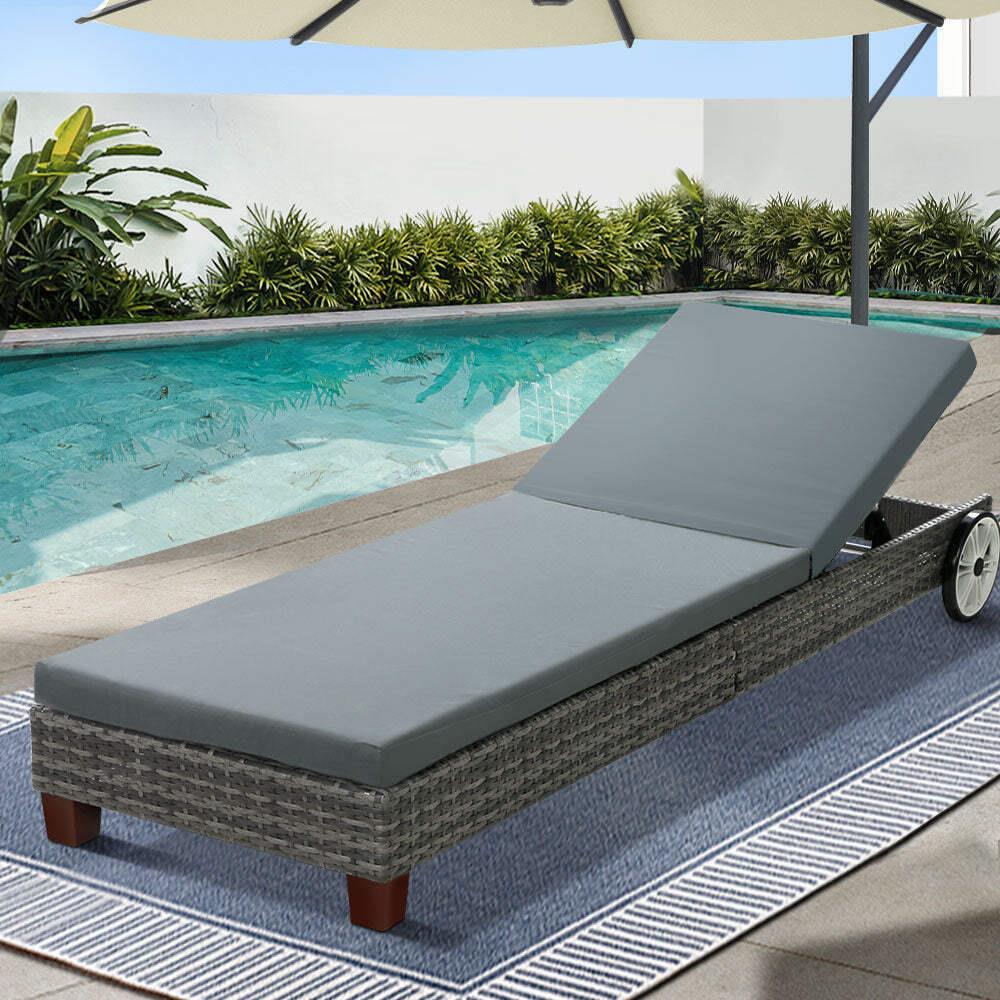 Gardeon Sun Lounge Wicker Lounger Outdoor Furniture Day Bed Wheels