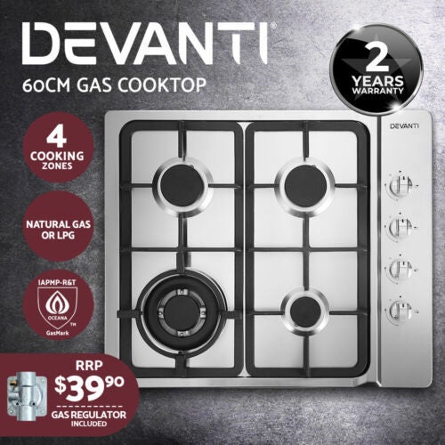 Devanti Gas Cooktop 60cm Kitchen Stove 4 Burner Cook Top Ng Lpg