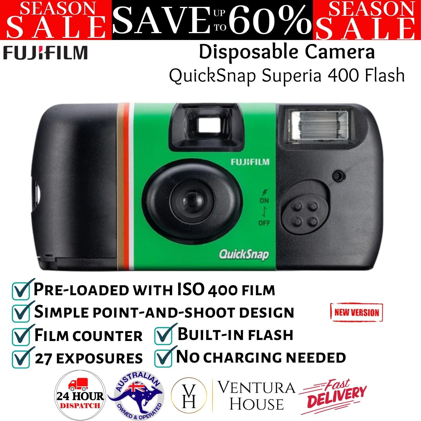 Fujifilm Quicksnap 400 Flash Disposable Camera, Black, Instant