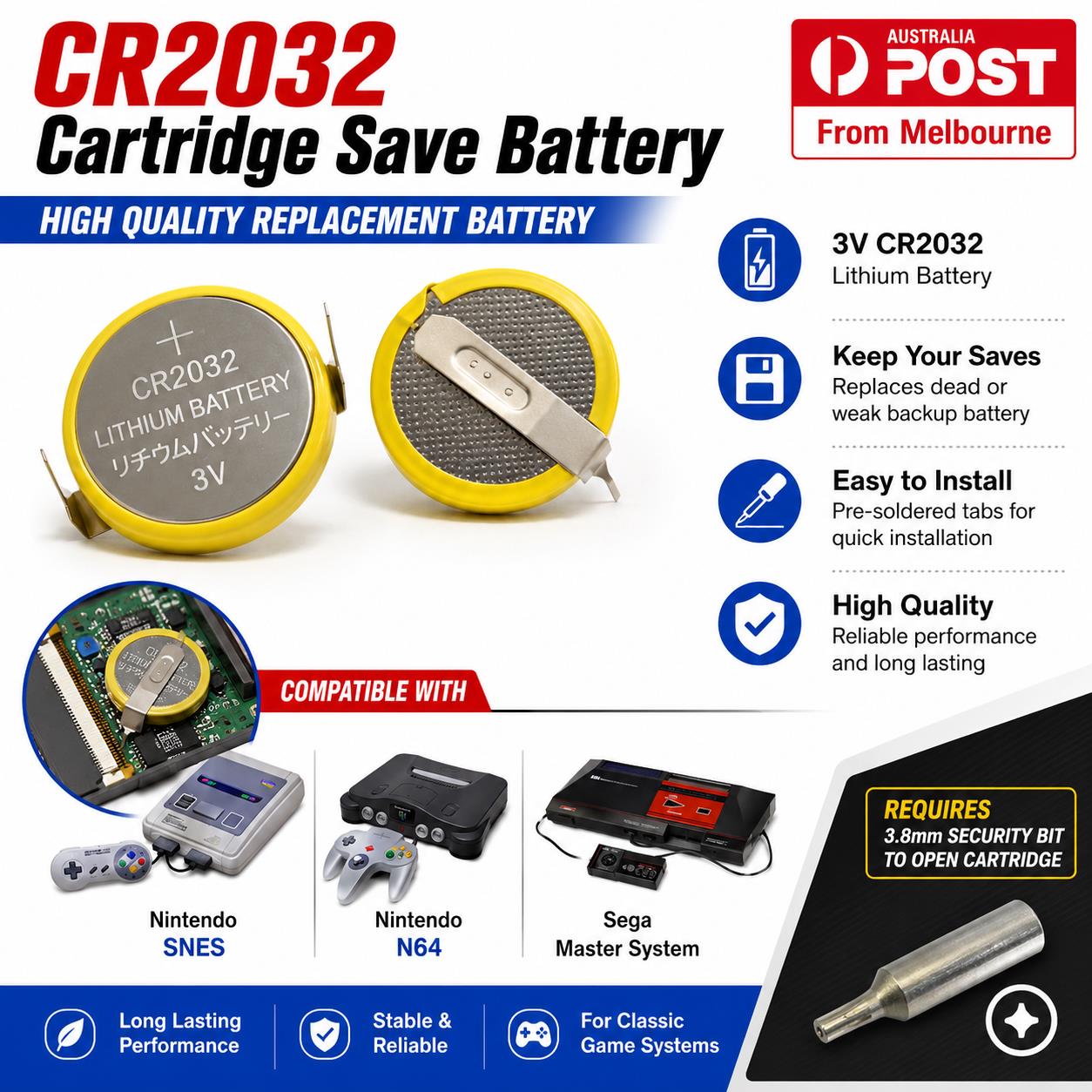 Cr2032 Save Battery With Tabs For Nintendo Snes N64 Sega Master System