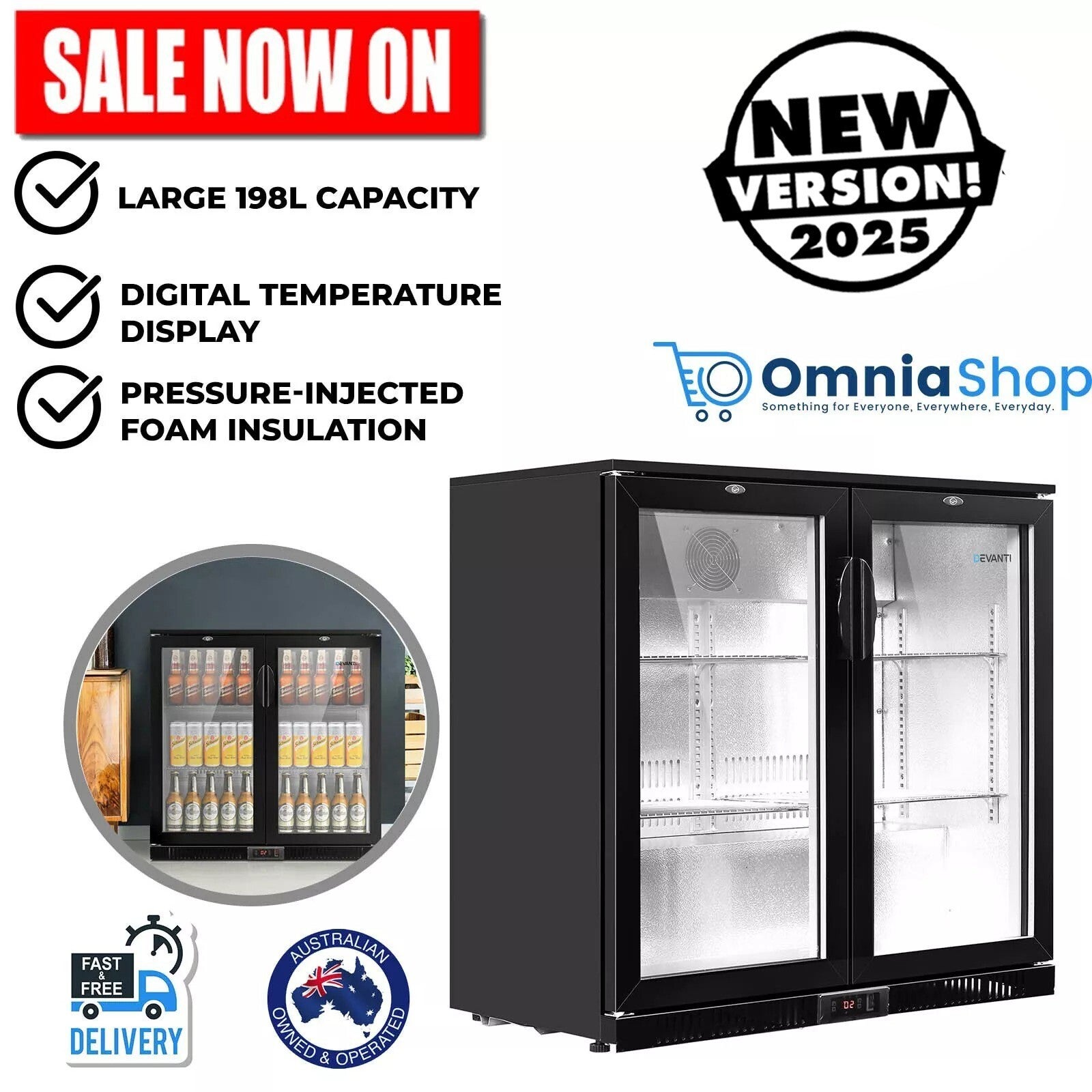 Devanti Bar Fridge 2 Glass Door Mini Refrigerator Wine Cooler Freezer