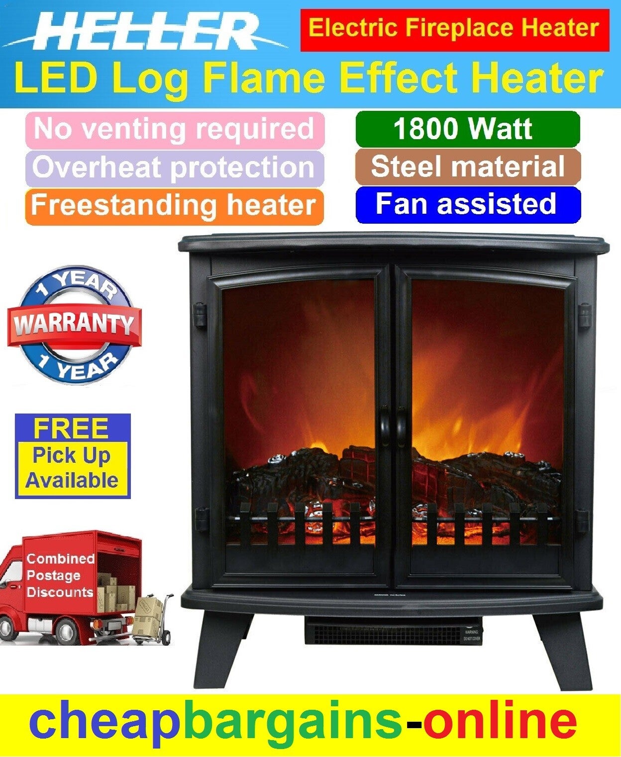 Electric Fireplace Heater Wood Heater Effect Heller 2 Door Portable Freestanding