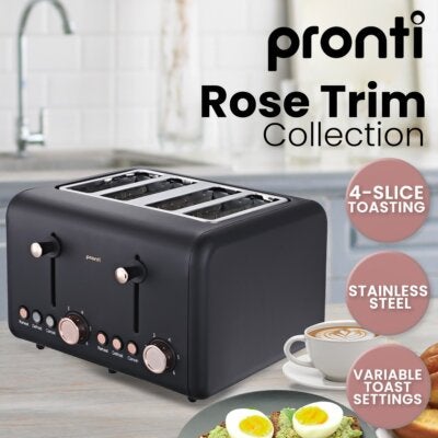 Pronti 4 Slice Toaster Rose Trim Collection - Black