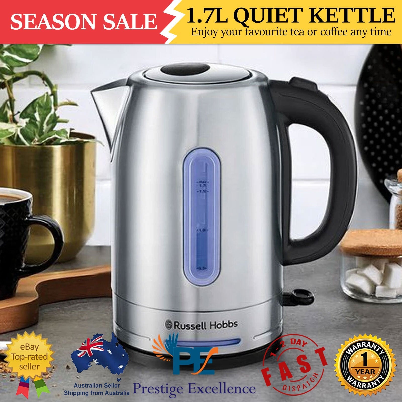 1.7l Electric Quiet Kettle, Stainless Steel Blue Light Illumination Water Jug Au