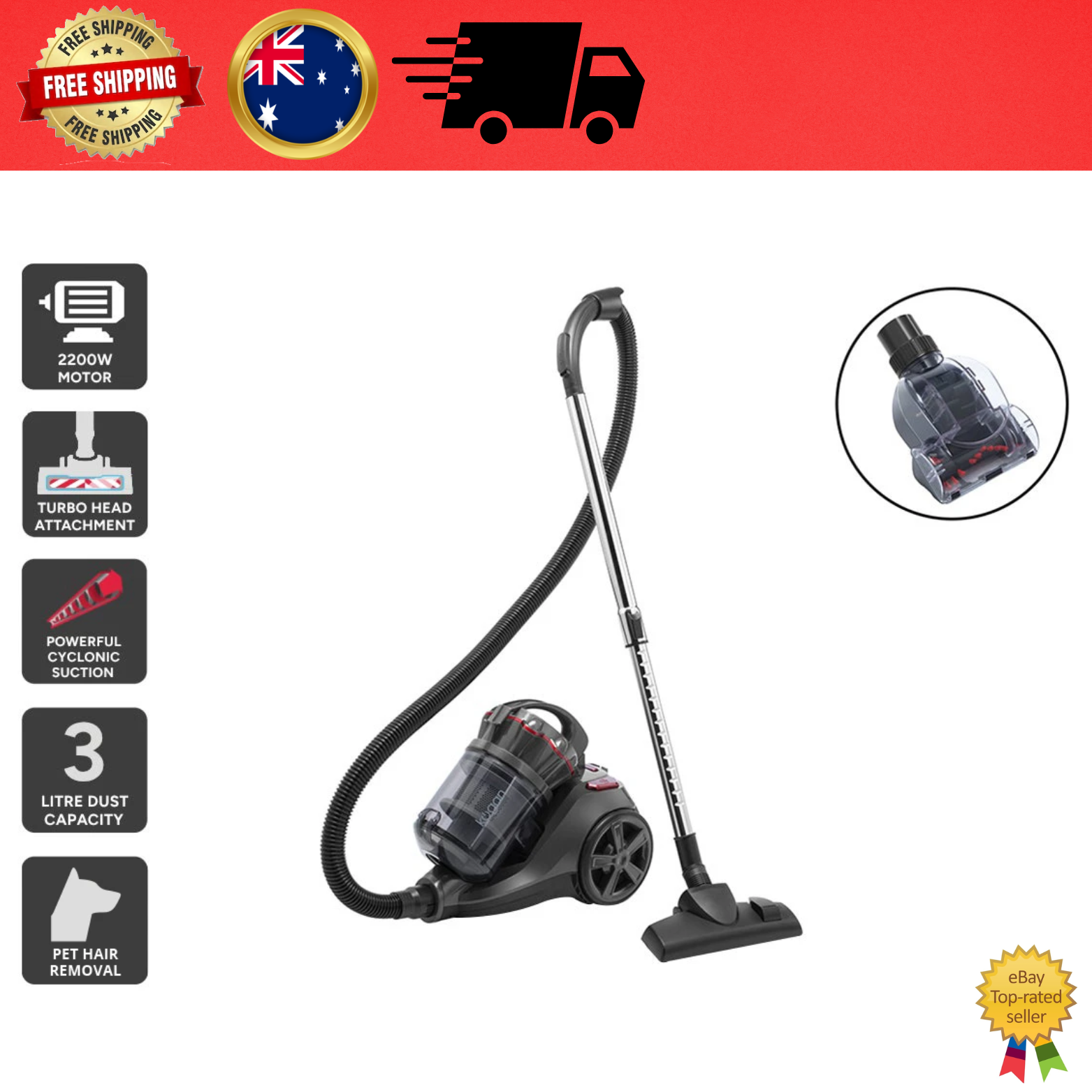 Kogan Cat & Dog Bagless Vacuum Cleaner With Turbo Brush, Black, Barrel Vacuums
