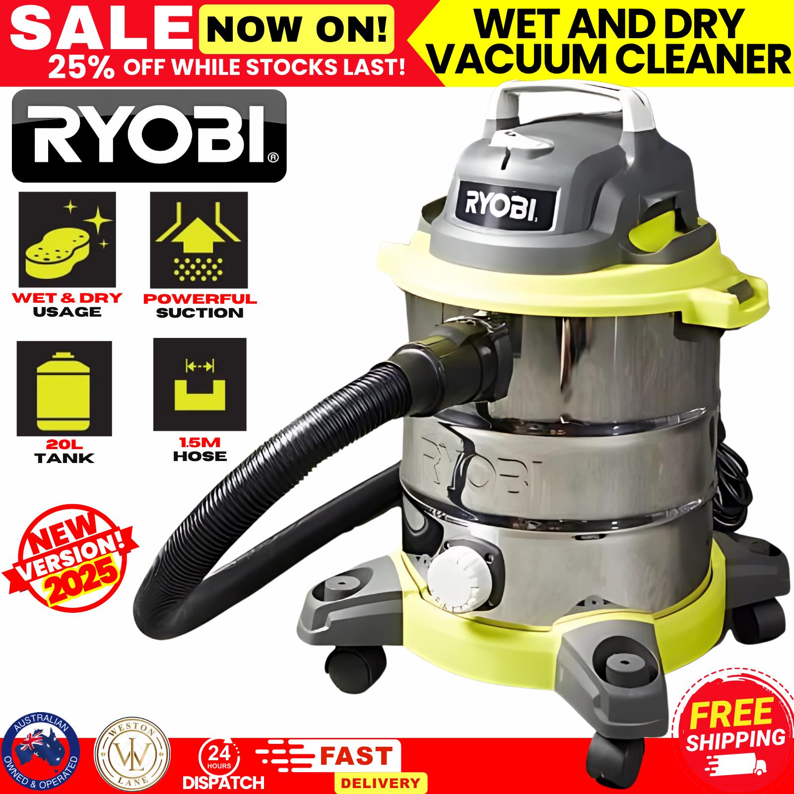 Ryobi Wet And Dry Vacuum Cleaner 20l Workshop Vacuum Blower Canister Barrel Vac