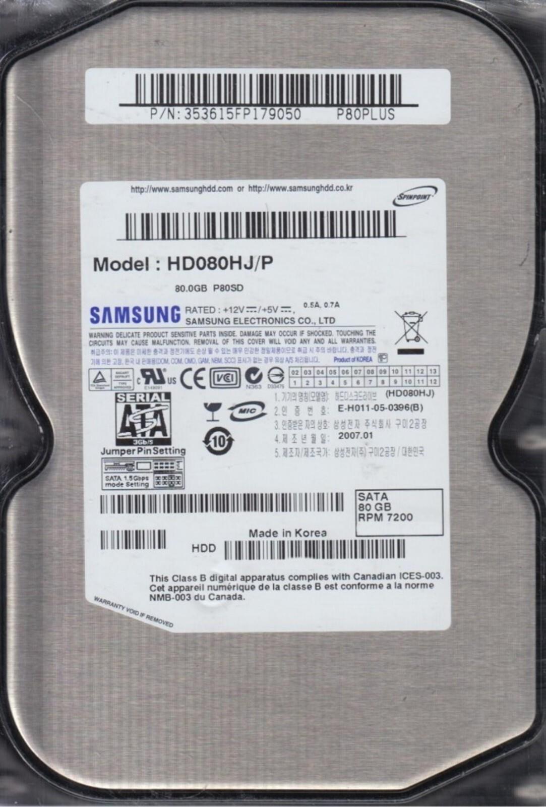 80gb Sata Samsung Spinpoint Hd080hj/p 7200rpm 8mb Hdd 3.5" Hard Drive