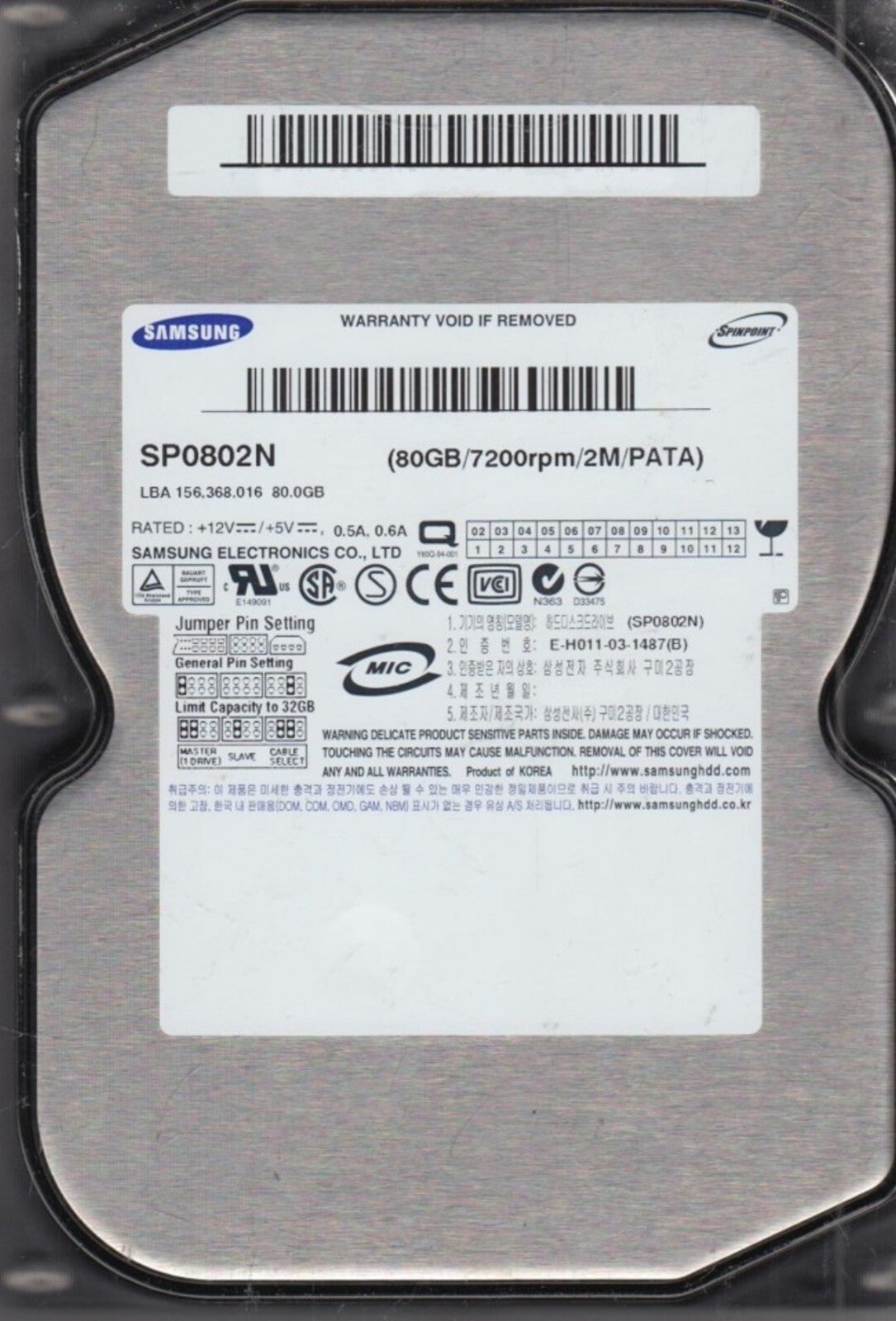 80gb Ide Samsung Spinpoint Sp0802n P-ata 7200rpm 2mb Hdd 3.5" Hard Drive