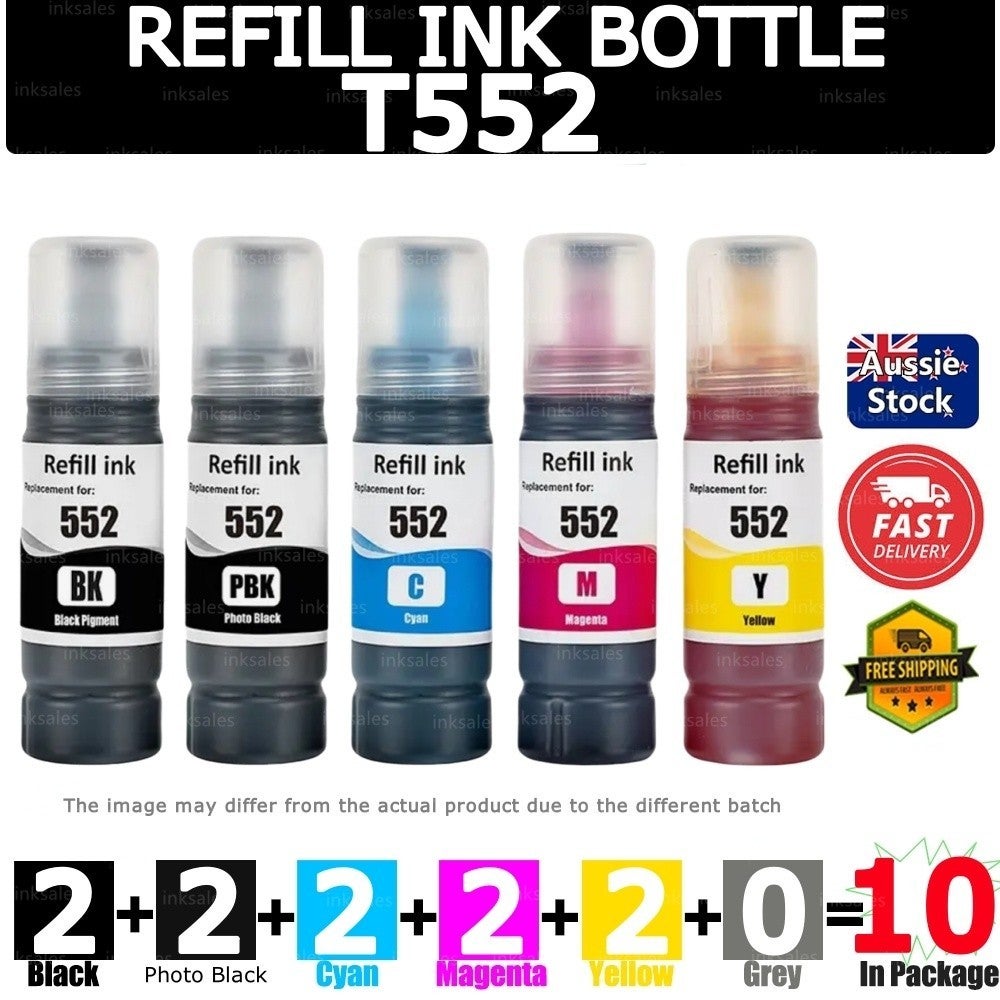 10 Generic T552 Ink Bottle For Epson Ecotank Photo Et8500 Et8550 Et-8500 Et-8550