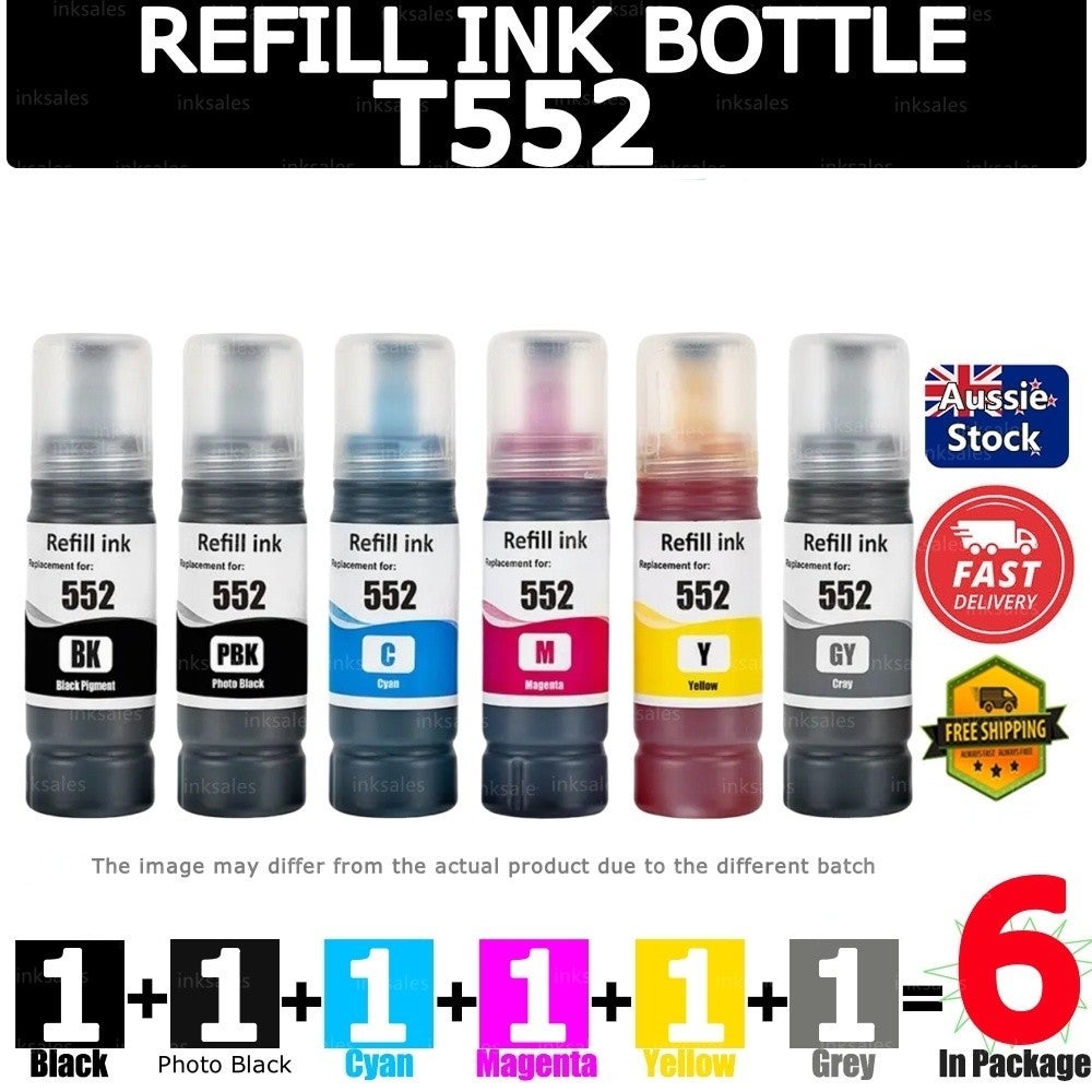 6 Generic T552 Ink Bottle For Epson Ecotank Photo Et8500 Et8550 Et-8500 Et-8550