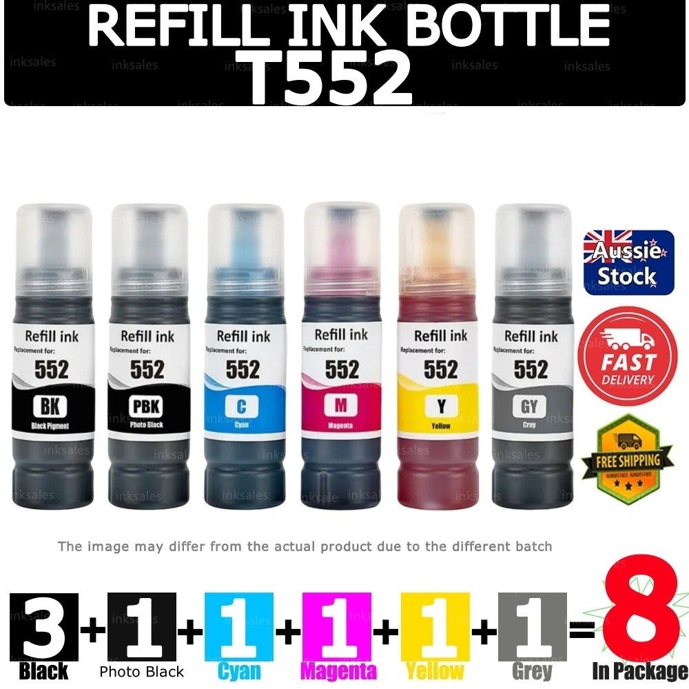 8 Generic T552 Ink Bottle For Epson Ecotank Photo Et8500 Et8550 Et-8500 Et-8550
