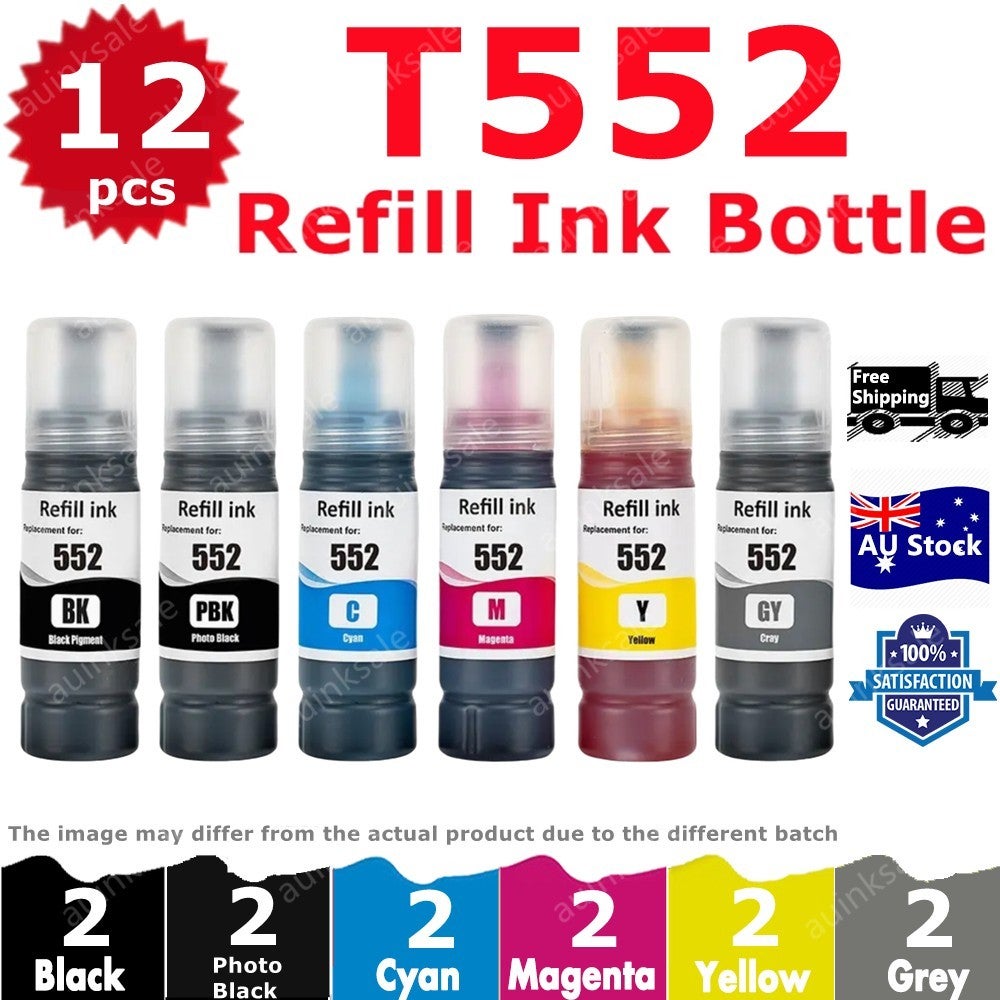 12 Compatible T552 552 Refill Ink Bottle For Epson Ecotank Photo Et-8550 Et-8500