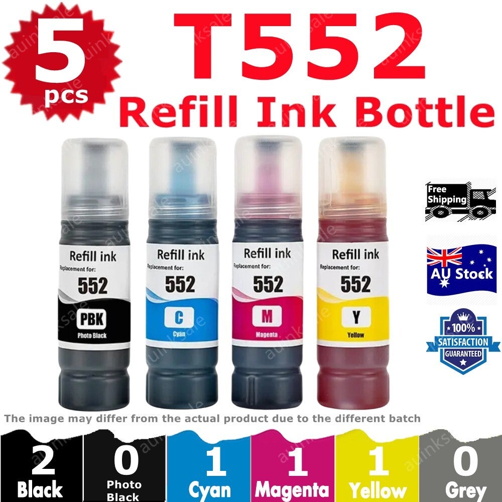 5 Compatible T552 552 Refill Ink Bottle For Epson Ecotank Photo Et-8550 Et-8500