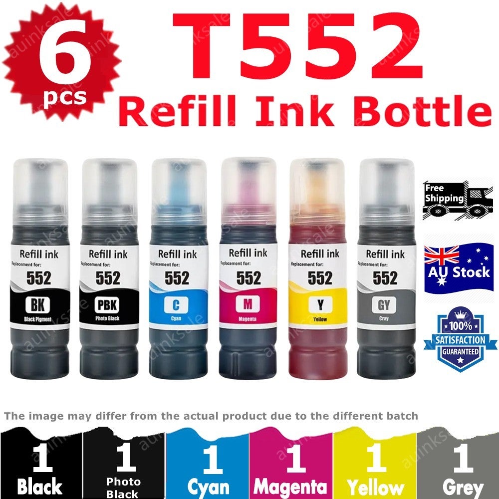 6 Compatible T552 552 Refill Ink Bottle For Epson Ecotank Photo Et-8550 Et-8500