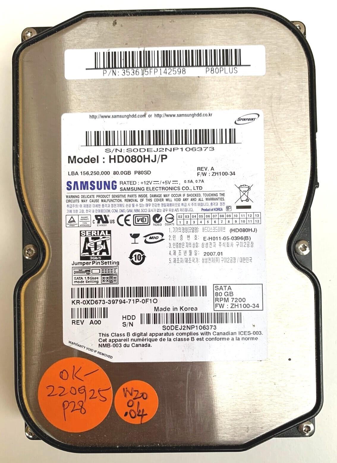 Au Hard Drive: Samsung 80gb Sata Hd080hj/p P80sd Rev A Zh100-34 •au