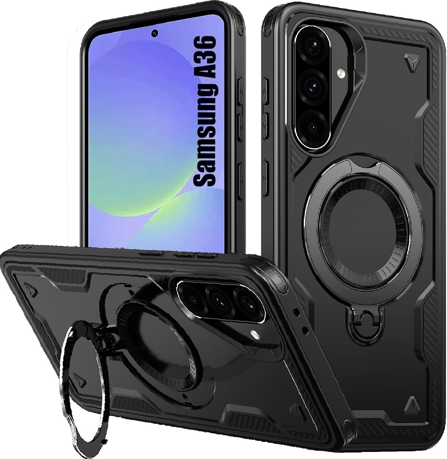 Samsung Galaxy A36 Case, 360° Rotating Kickstand, Military Grade Shockproof Blac
