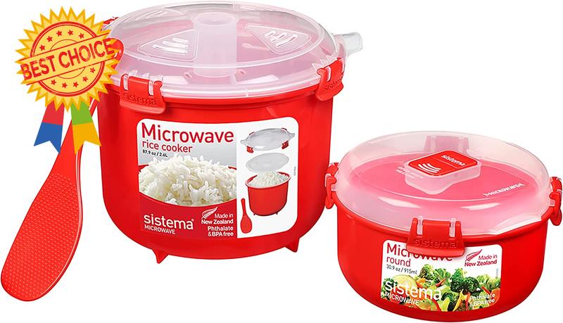82001 Microwave Rice Cooker 2.6l & Food Container 915ml Bpa-free Red/clear