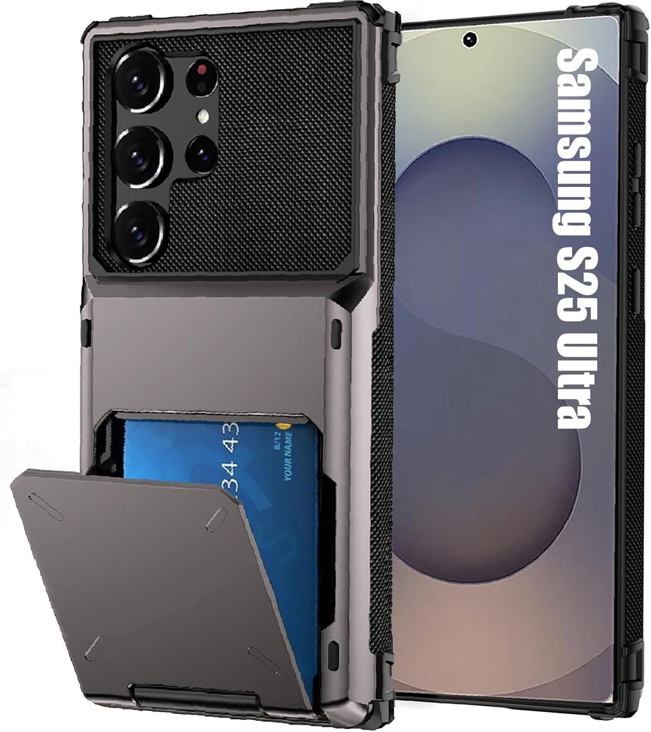 Samsung Galaxy S25 Ultra Case With Card Holder, Heavy Dual Layer Shockproof Grey