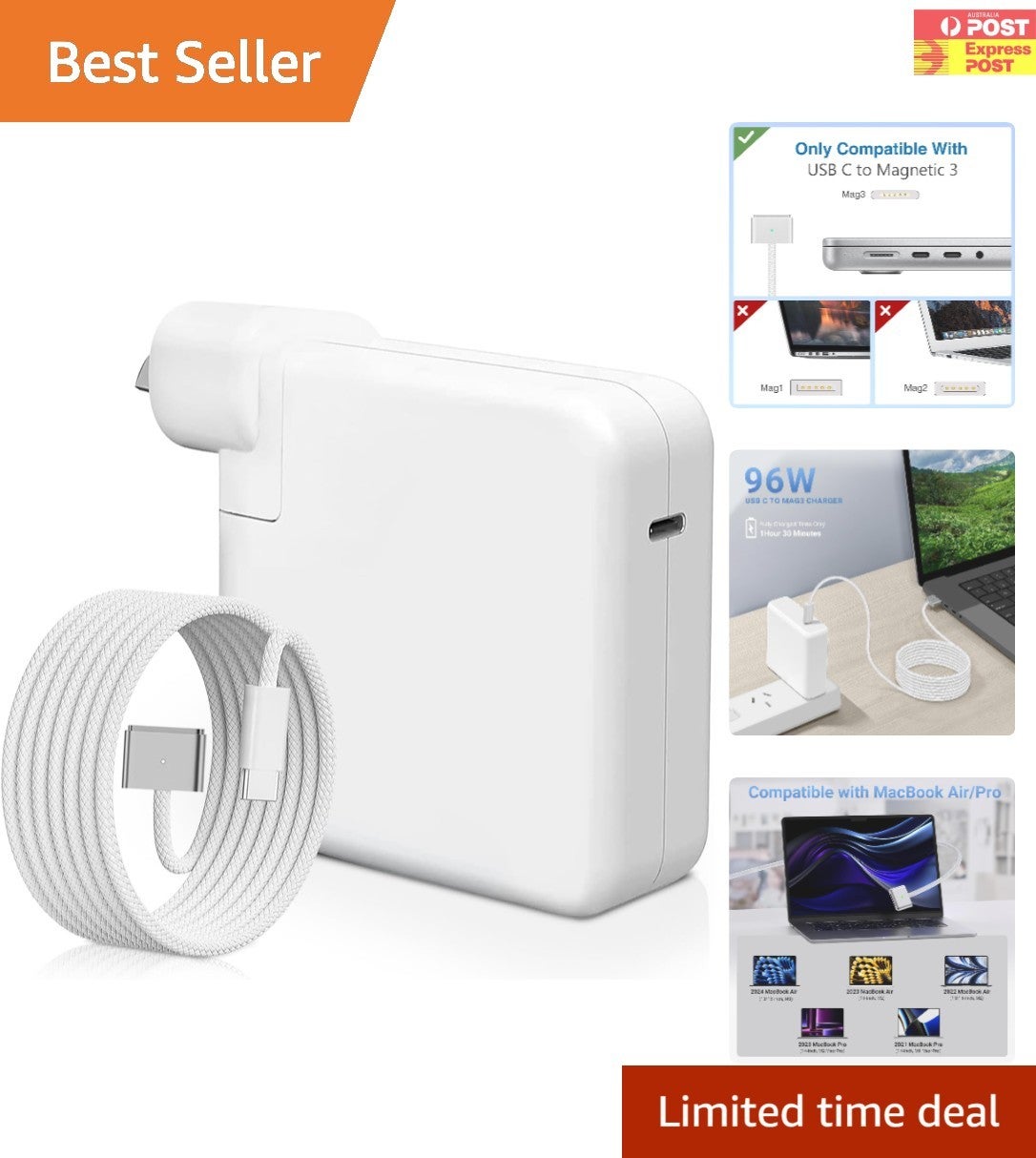 96w Usb-c Macbook Charger For M1/m2/m3/m4 Air & Pro - 2m Braided Cable
