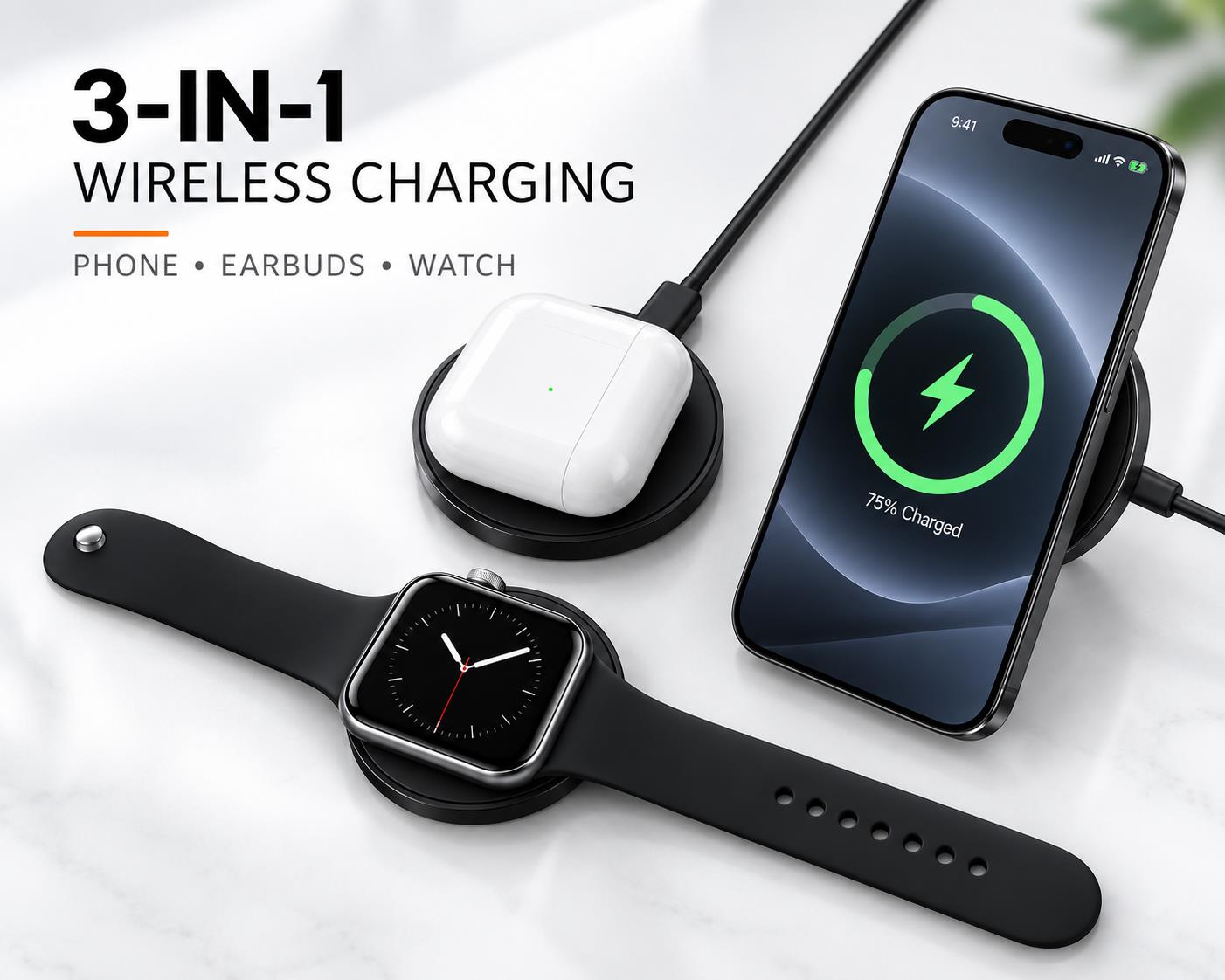Wireless Charger For Airpods 4 Anc Iphone Apple Watch 3-in-1 Ring Stand