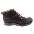Flex & Go June Womens Comfortable Leather Ankle Boots Made In Portugal Black/Red 11 AUS or 42 EUR