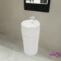 vidaXL Ceramic Stand Bathroom Sink Basin Faucet/Overflow Hole White