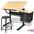 vidaXL Three Drawers Drawing Table with Stool
