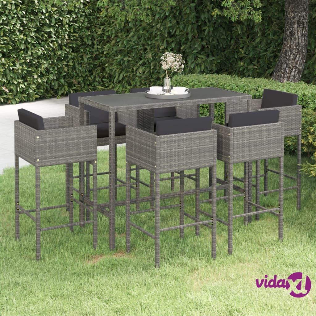 vidaXL 7 Piece Garden Bar Set with Cushions Poly Rattan Grey