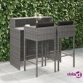 vidaXL 3 Piece Garden Bar Set with Cushions Poly Rattan Grey