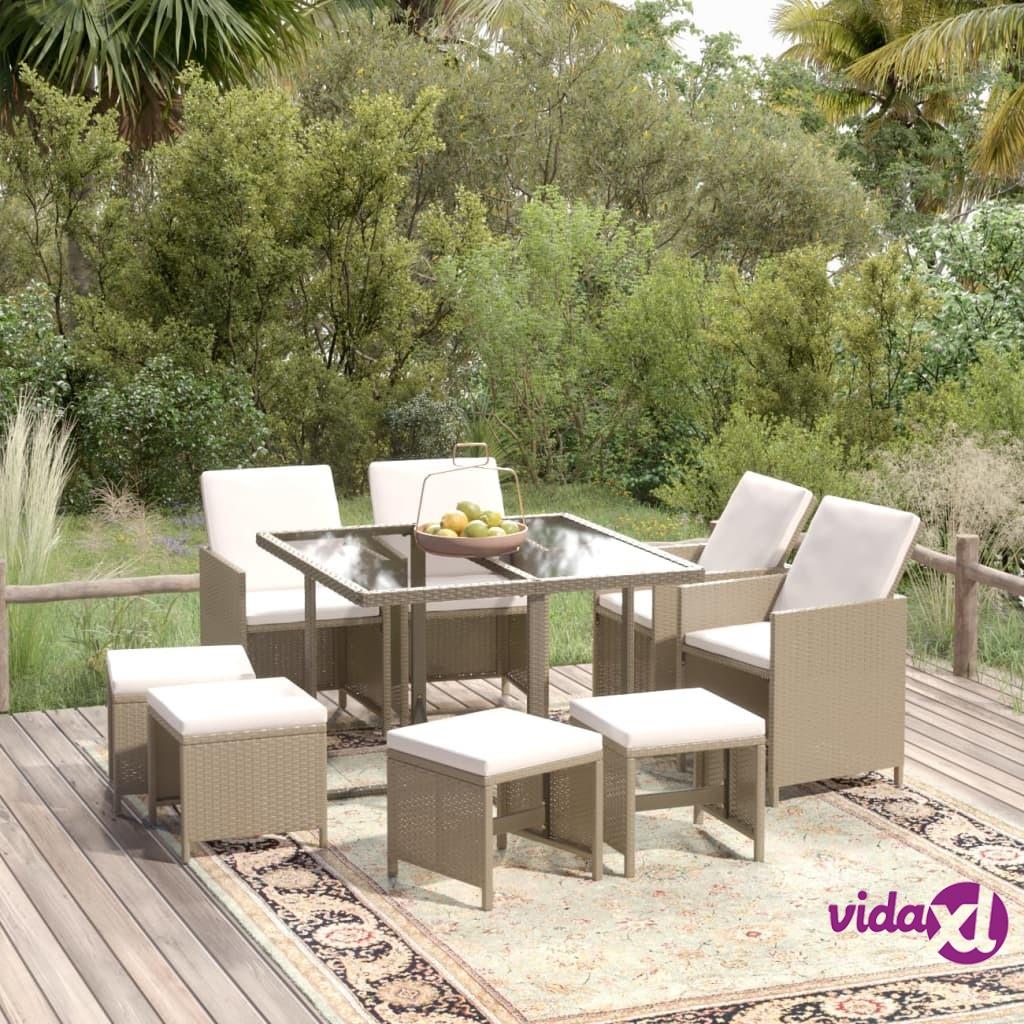 vidaXL 9 Piece Garden Dining Set with Cushions Poly Rattan Beige