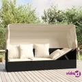 vidaXL Outdoor Lounge Bed with Roof and Cushions Black Poly Rattan