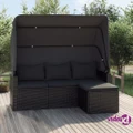 vidaXL 3-Seater Garden Sofa with Roof and Footstool Black Poly Rattan