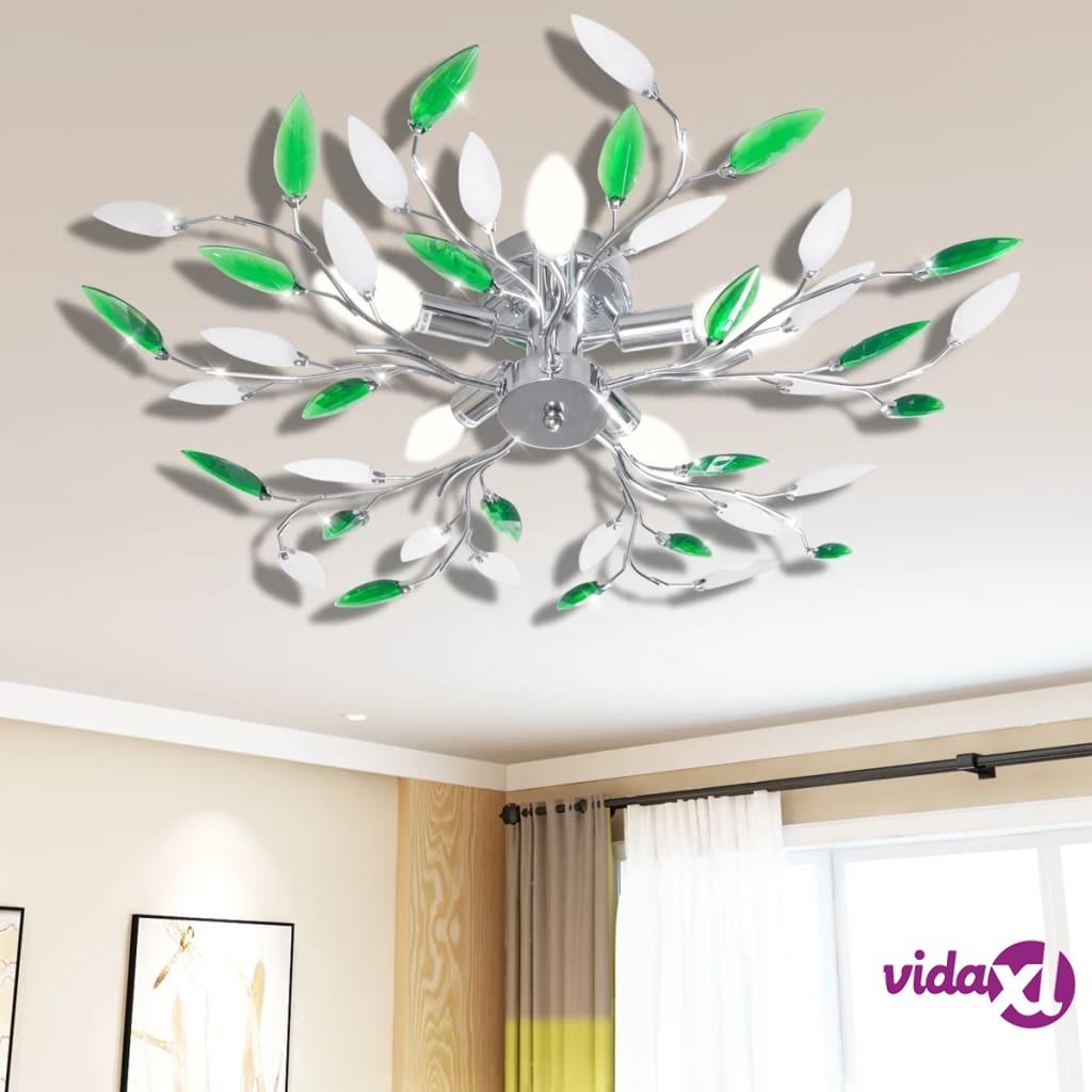 vidaXL Green&White Ceiling Lamp with Acrylic Crystal Leaf Arms for 5 E14Bulbs