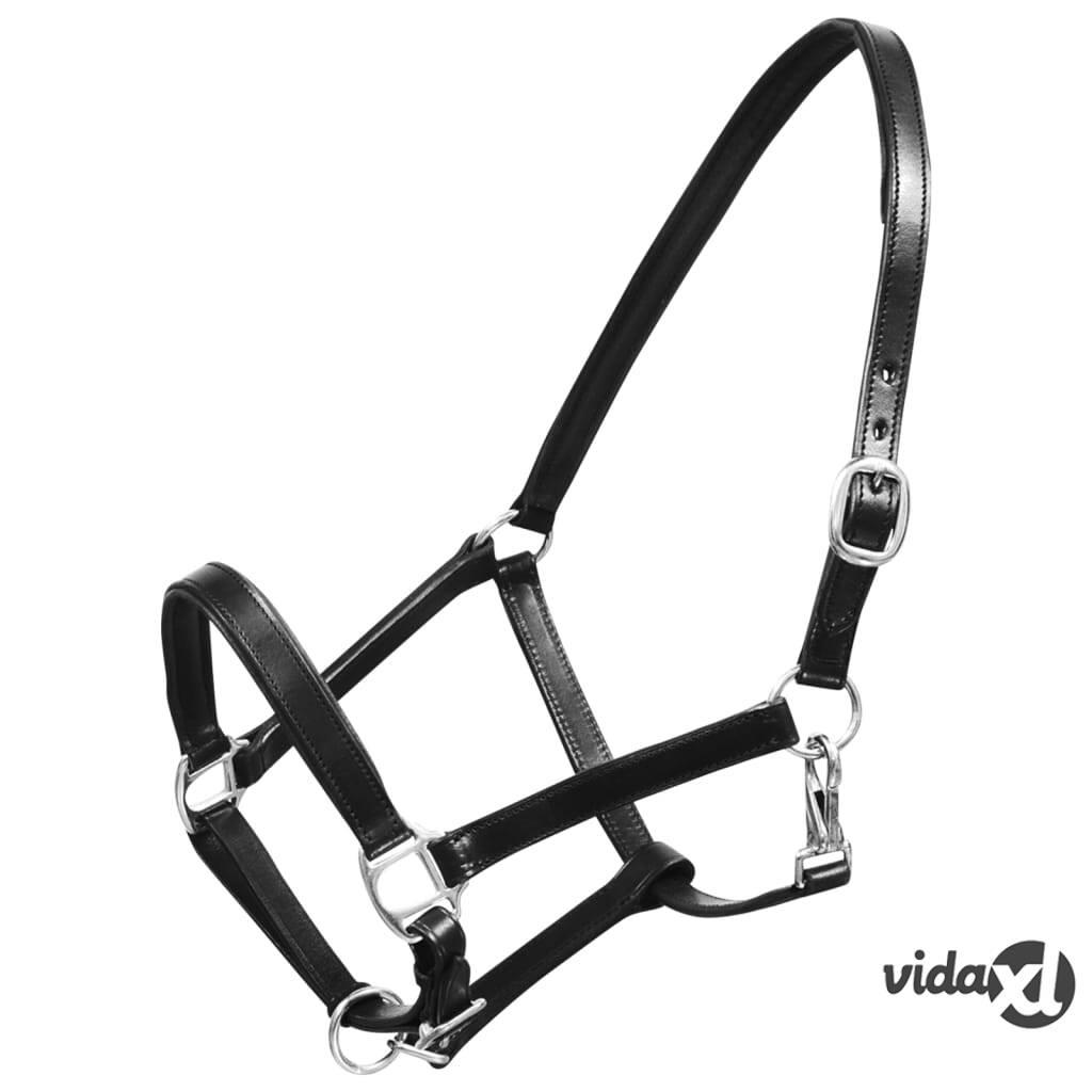 vidaXL Real Leather Headcollar Stable Halter Adjustable Black Full