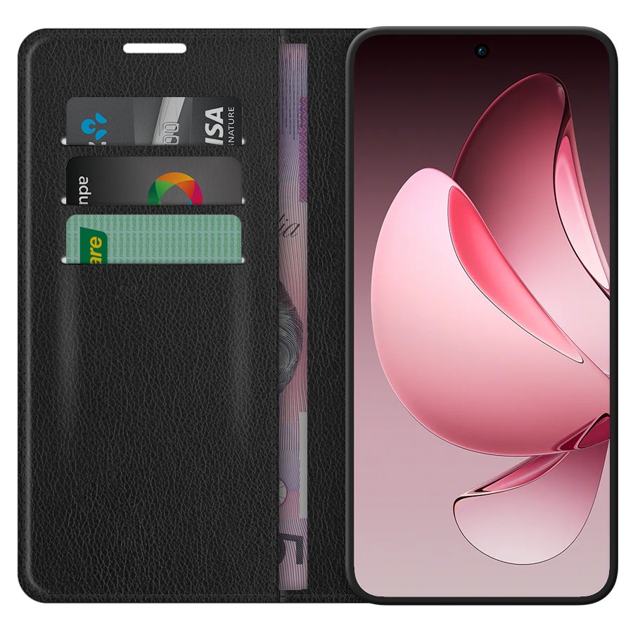 Leather Wallet Case & Card Holder Pouch for Oppo Reno13 Pro - Black