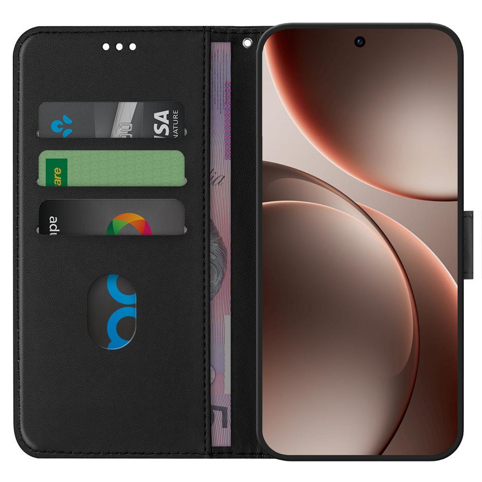 Leather Wallet Case & Card Holder Pouch for Oppo Find X9 - Black
