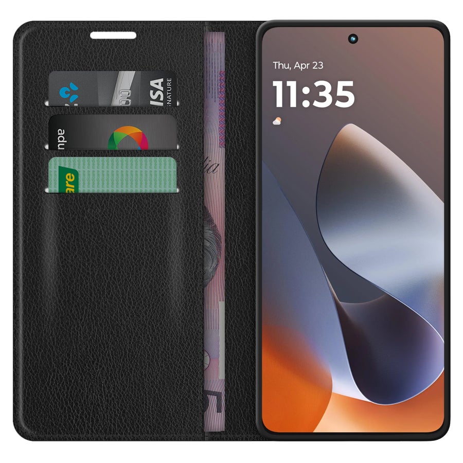 Leather Wallet Case & Card Holder Pouch for Motorola Moto G86 Power - Black