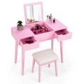 Costway Dressing Table w/Flip-Top Mirror Makeup Vanity Table Stool Set Wooden Dresser 2 Drawers Bedroom Home Furniture Pink