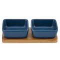 3pc Ladelle Entertainer Navy Dining 2 Porcelain Snack/Dip Bowl/ Bamboo Tray Set