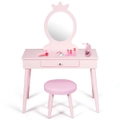Costway Kids Dressing Table Stool Set Wood Makeup Dresser Vanity Table With Mirror & Drawer Princess Children Birthday Gift,Pink