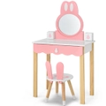 Costway Kids Rabbit Vanity Dressing Table Stool Set Wood Dressing Table with Mirror Princess Children Birthday Gift