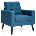 Costway Armchair Lounge Chair Upholstered Accent Chair Linen Fabric Sofa w/Side Pockets Home Furniture Navy