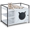 Costway 3-Tier Cat Litter Cabinet Hidden Cat House Faux Marble Enclosed Kitten Toilet Tray w/Storage Shelves & Door
