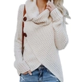 Catzon Womens Cowl Neck Knit Asymmetric Hem Sweater with 2 Buttons-Off White