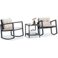 Costway 3pc Outdoor Rattan Rocking Chairs Set Patio Furniture Lounge Setting Glass Coffee Table Garden Bistro Yard